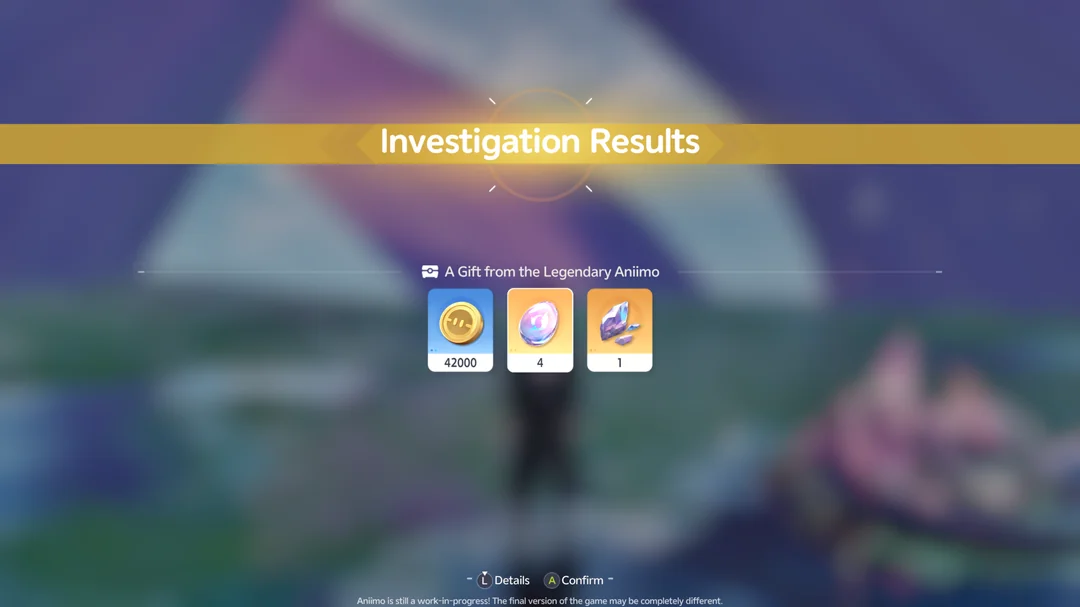The Investigation Results screen awarding currency and crystals rather than the Legendary creature.