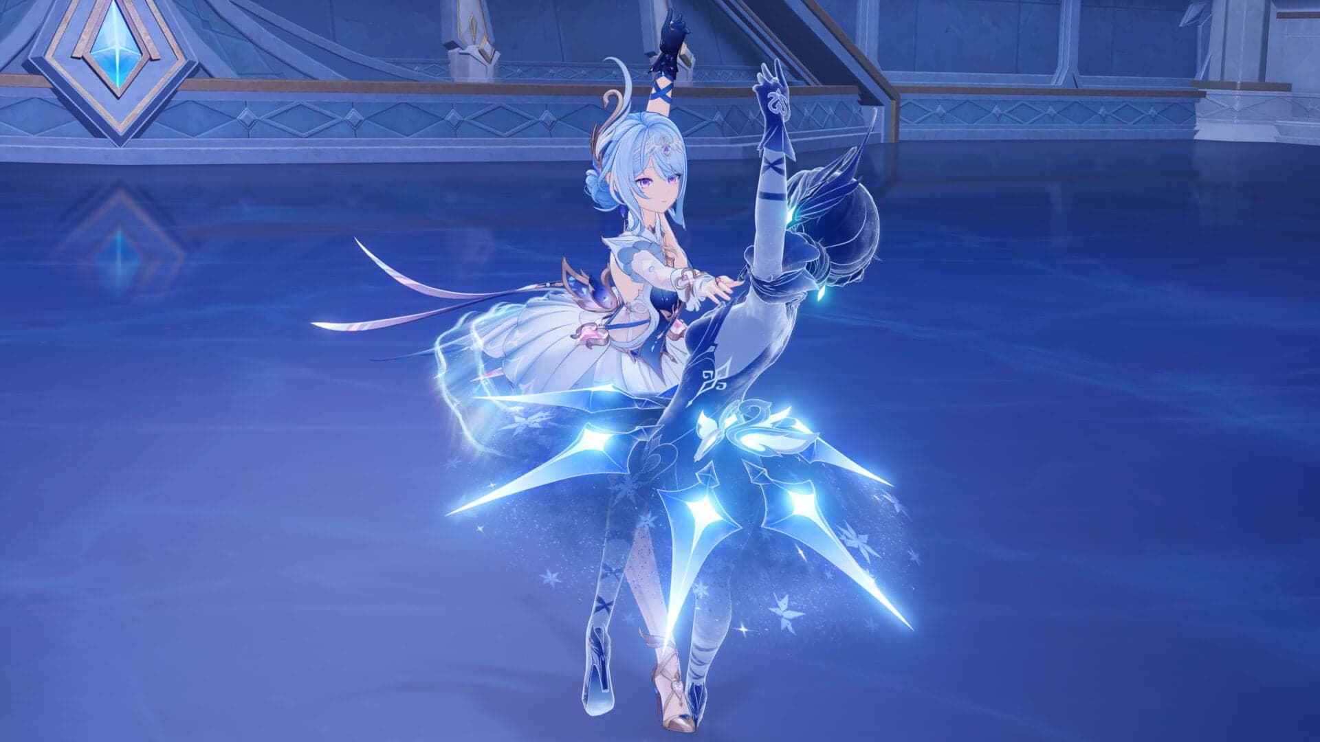 Odette mid-spin on a frozen ballroom floor with glowing blue blades fanned around her