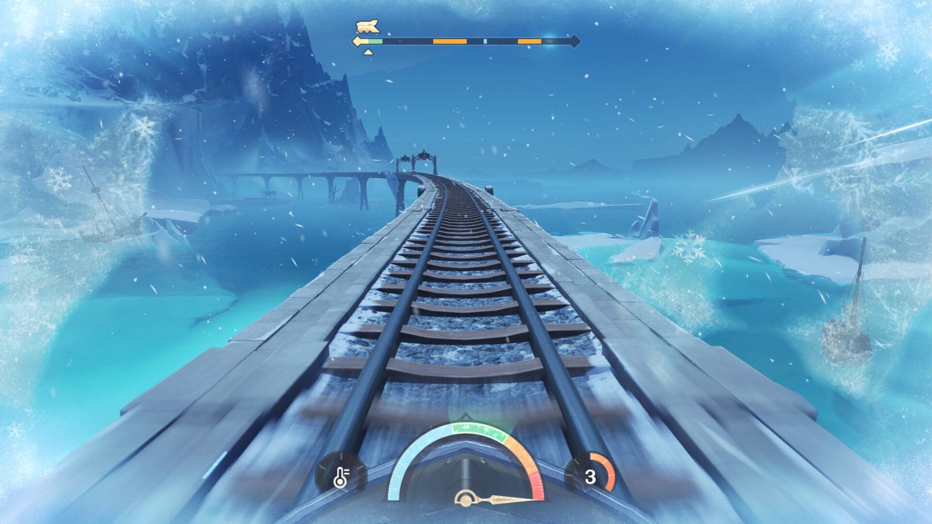 First-person view along a Snezhnayan railway line with a speed gauge on screen