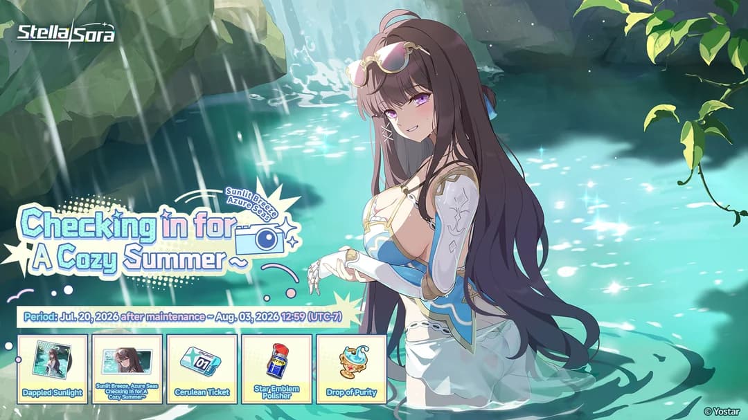 Key art for the Sunlit Breeze, Azure Seas, Checking In for A Cozy Summer limited event.