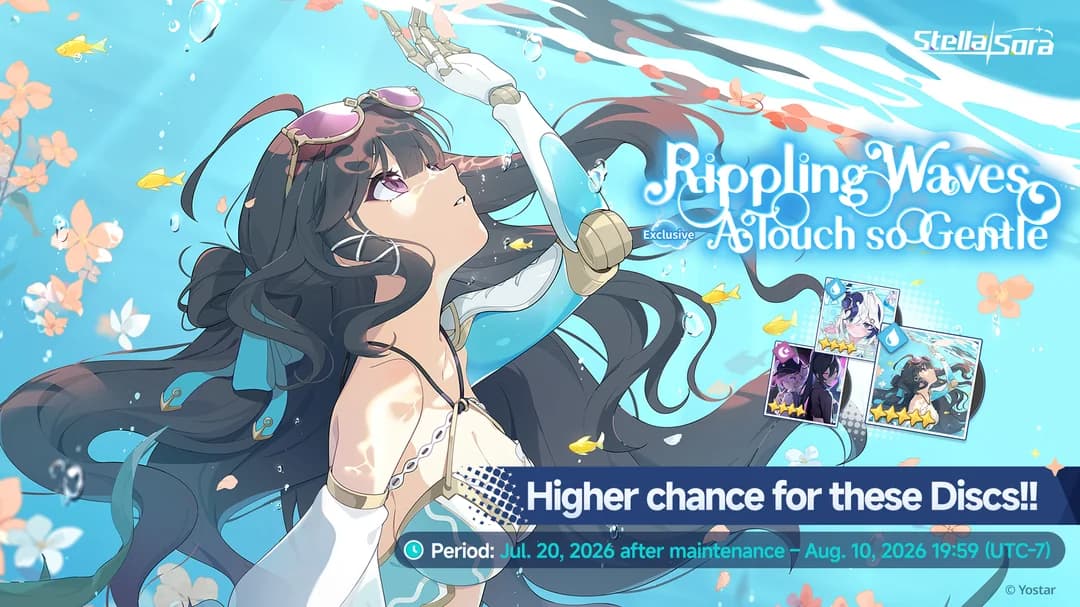 The Rippling Waves, A Touch so Gentle Exclusive disc banner, underwater key art with three Runic Disc cards under the line Higher chance for these Discs, running July 20 after maintenance to August 10, 2026 at 19:59 UTC-7.
