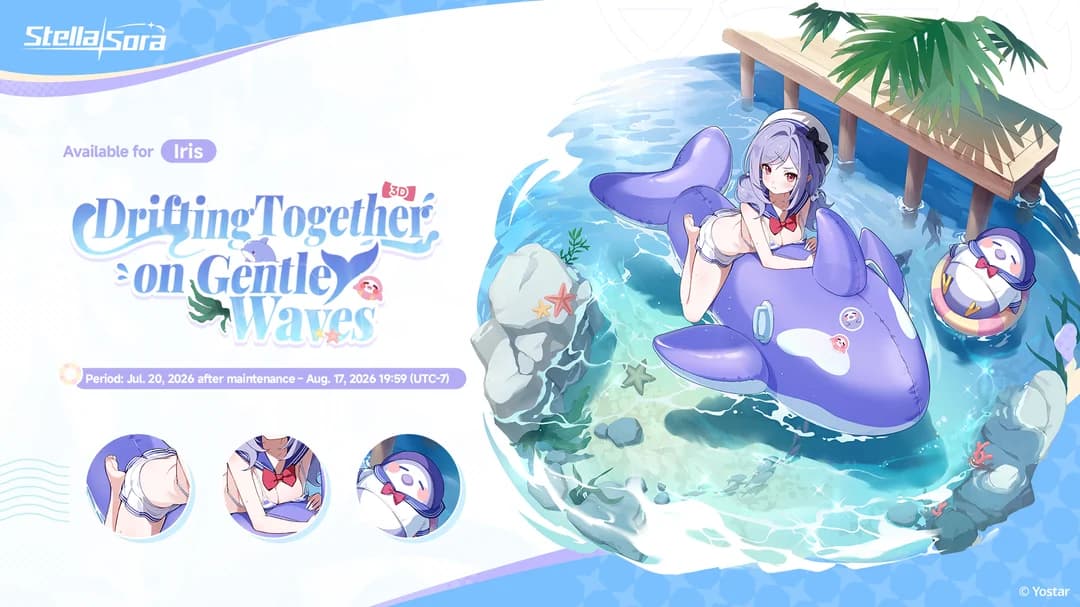 The Iris 3D appearance card Drifting Together on Gentle Waves, available for Iris, with three detail insets, on sale in the shop from July 20 after maintenance to August 17, 2026 at 19:59 UTC-7.