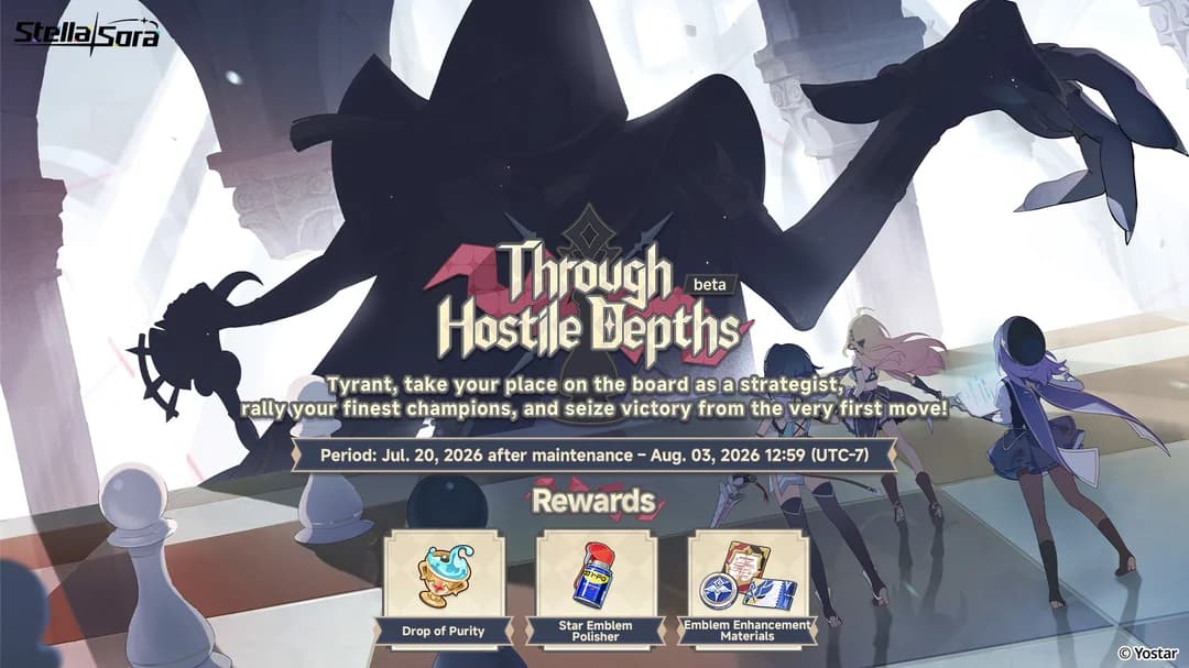 The Through Hostile Depths beta card, chess pieces on a board floor beneath a giant shadow king silhouette, running July 20 after maintenance to August 3, 2026 at 12:59 UTC-7.