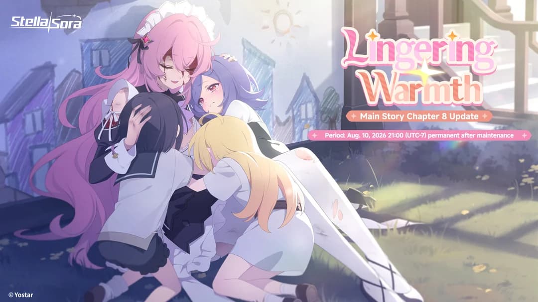 Key art for Main Story Chapter 8, Lingering Warmth, five characters with one collapsed on the ground, permanent from August 10, 2026 at 21:00 UTC-7 after maintenance.